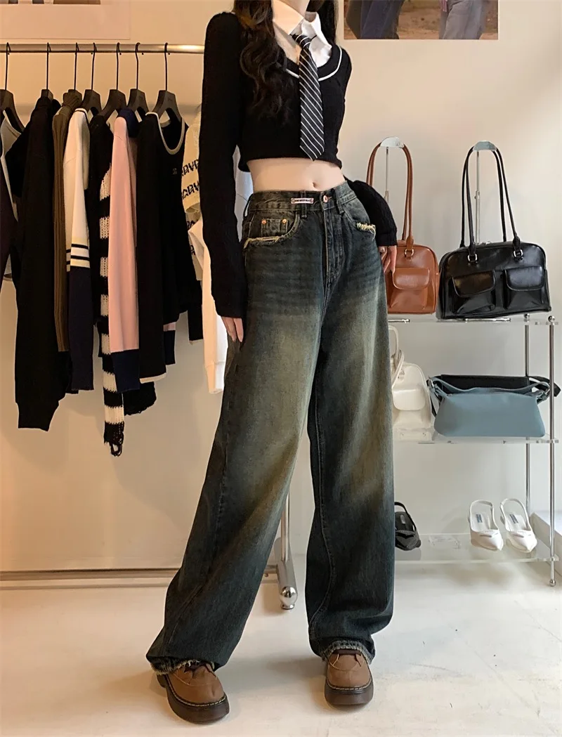 Women's Harajuku Style Loose Wide Leg Jeans Autumn Winter Street Fashion Retro Straight Loose Denim Trousers - Image 2