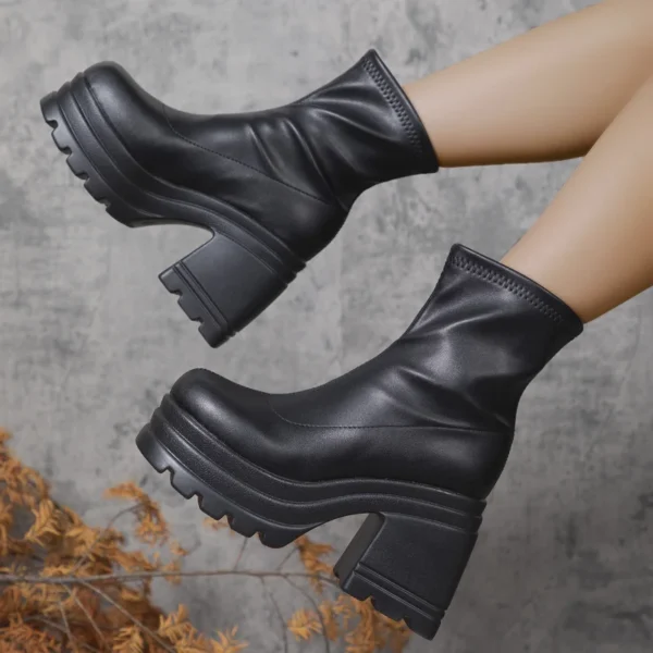 Women New Fashion Short Boots Women Sexy Leather Boot Square toe casual Zipper high heels Casual thick soled women shoes Zapatos - Image 4