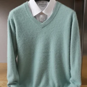 MVLYFLET 2024 NEW Men's 100% Mink Cashmere Sweater V-Neck Pullovers Knit Large Size Winter New Tops Long Sleeve High-End Jumpers