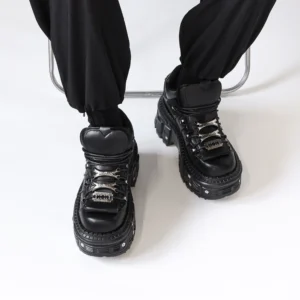 New Punk Style Women Shoes Lace-up Heel Height 6CM Platform Shoes Woman Gothic Ankle Rock Boots Metal Decor Woman Sneakers