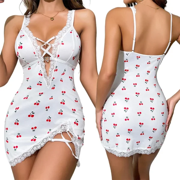 Women V-Neck Sexy Lace Trimmed Nightgown Sleeveless Suspender Slim Fit Backless Printed Cherry Milk Silk Nightgown