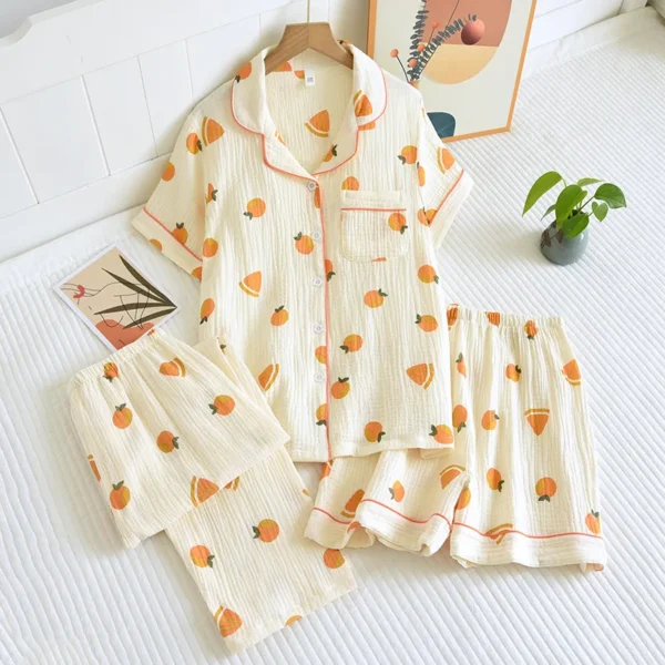 New summer women's cotton crepe three-piece short sleeve + shorts + trousers large size simple flower pajamas home service suit - Image 3