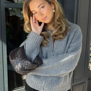TRAFZA Women Vintage Solid Color Coat Long Sleeve Round Neck Sweater Jacket 2024 Spring Female Casual Zipper Sweater Coats