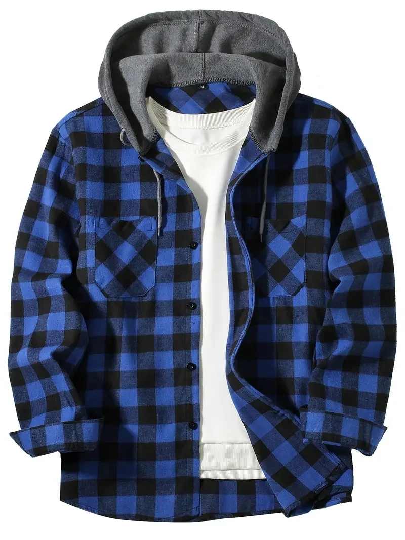 New four seasons plaid hooded shirt European and American size double bag cover hooded shirt men's trend slim-fit hooded shirt - Image 3