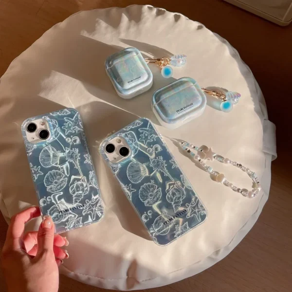 Cute Ocean Shell Pattern Aurora Phone Case For iPhone 16 15 14 13 12 Pro Max 15Pro Cute Bracelet Chain Cover Shockproof Cases - Image 6