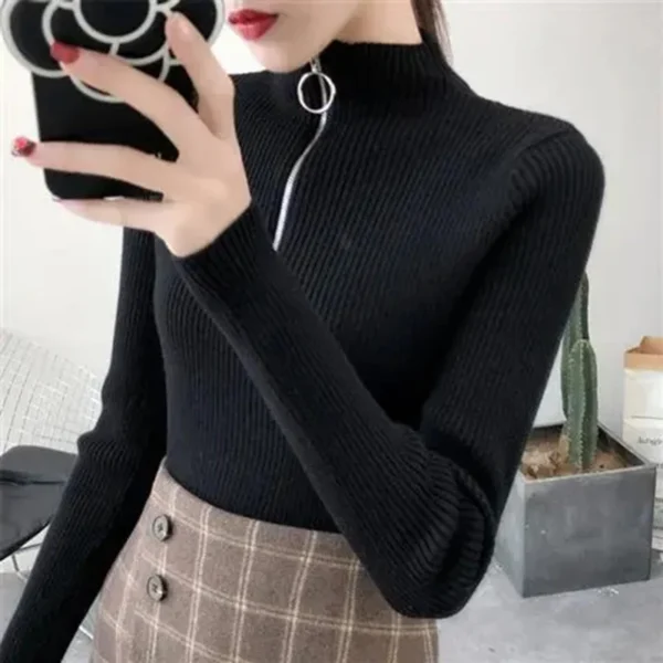 Knitted Women Zipper Half High Neck Sweater Pullovers Autumn Winter Basic Women Sweaters Slim Solid Knitwear Pull Femme Tops - Image 4