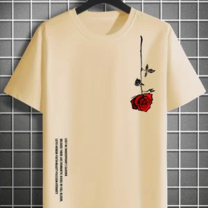 Men's Summer Loose Size 100% Cotton Rose Print Casual Slim Fit Round Neck Short Sleeve T-shirt Top