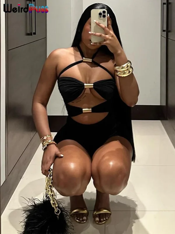 Weird Puss Ruched Romper Women Chic Metal Buckle Hollow Backless Halter Sleeveless Hipster Stretch Luxury Slim Playsuit Clubwear - Image 2
