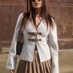 TRAFZA Retro Leather Buckle Woolen Coat Women Fashion Solid V Neck Long Sleeve Beige Jacket Autumn Spring Chic Female Streetwear