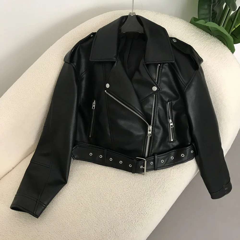 New Spring Woman Faux Leather Jacket Chic Vintage American street wear Short Lapel Zipper Belt Biker Coats Fashion Streetwear - Image 3