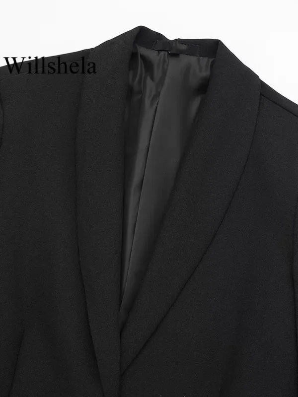 Willshela Women Fashion Satin Black With Feather Blazer Jacket Vintage Notched Neck Single Button Long Sleeves Female Outfits - Image 3