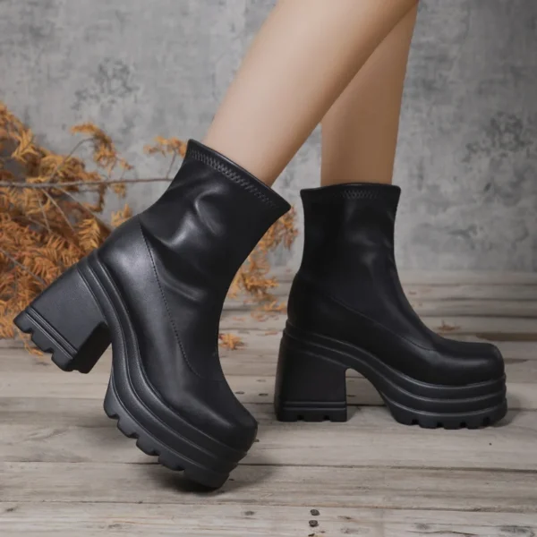 Women New Fashion Short Boots Women Sexy Leather Boot Square toe casual Zipper high heels Casual thick soled women shoes Zapatos - Image 2