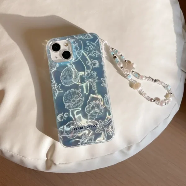 Cute Ocean Shell Pattern Aurora Phone Case For iPhone 16 15 14 13 12 Pro Max 15Pro Cute Bracelet Chain Cover Shockproof Cases - Image 3
