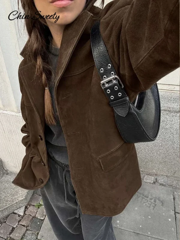 Women Suede Jackets Loose Lapel Single Breasted Long Sleeves Pockets Blazer Coats Female 2024 Autumn Fashion New in Outwear - Image 2