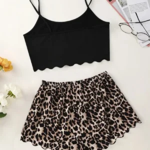 Women's Pajamas Set Sexy Lingerie Leopard Print Sling Sleepwear V-Neck Sleeveless Top and Shorts Sets Pyjamas Homewear