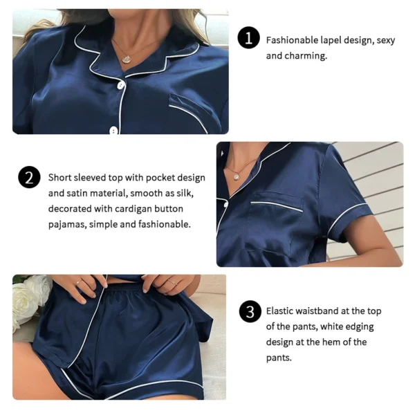 Summer Silk Satin Women Pajamas Set Button Down Top & Shorts 2 Pieces Sleepwear Notched Collar Nightwear Loungewear for Women - Image 5