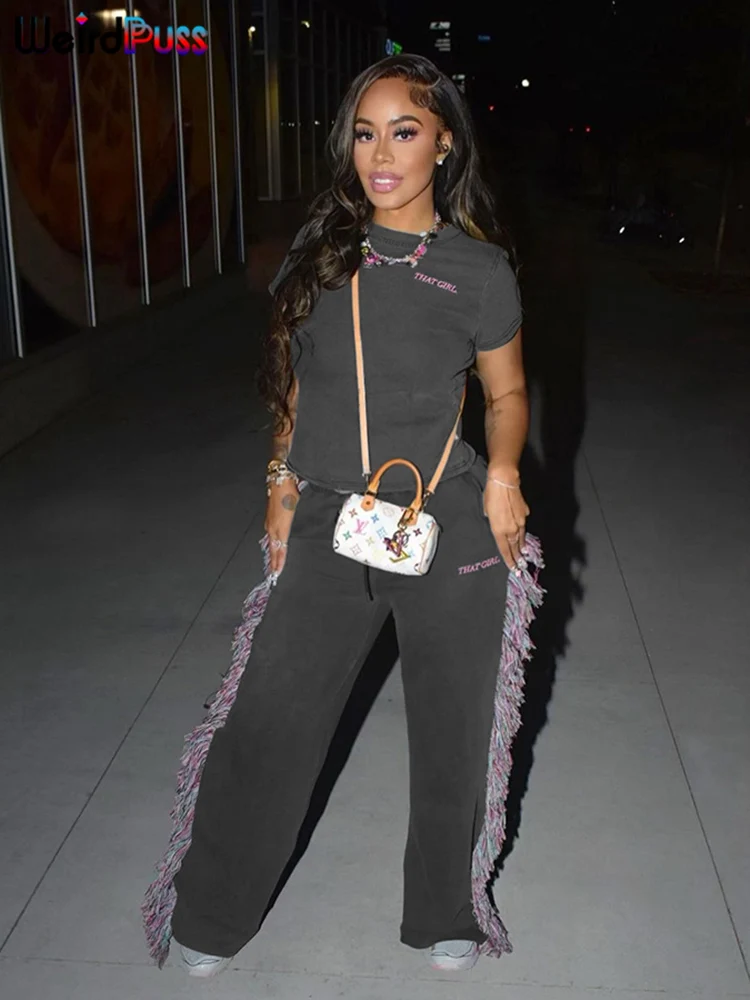 Weird Puss Casual Women 2 Piece Set Tracksuit Sporty Letter Embroidery Crop Tops+Side Tassel Straight Pants Matching Streetwear - Image 3
