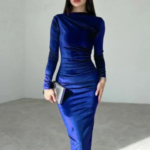 Dulzura 2024 Spring Summer Velvet Long Sleeve Midi Dress For Women Ruched Long Dress Elegant Party Clothes Evening Green Outfits