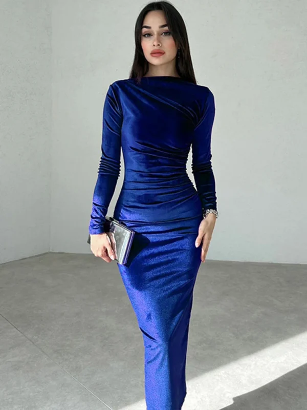 Dulzura 2024 Spring Summer Velvet Long Sleeve Midi Dress For Women Ruched Long Dress Elegant Party Clothes Evening Green Outfits - Image 4