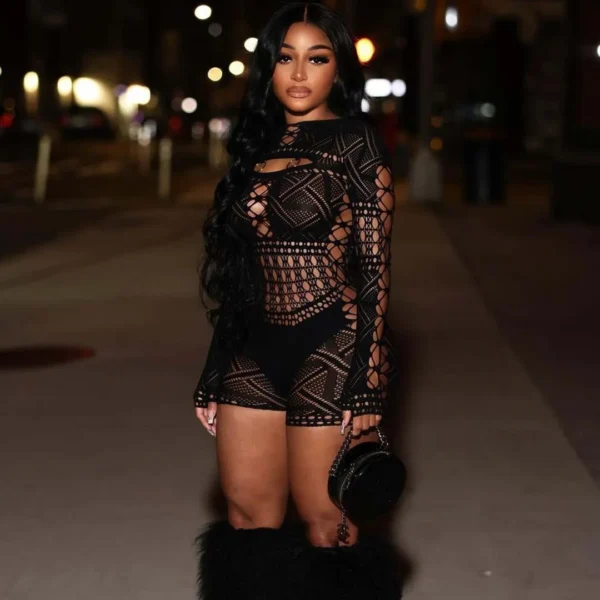 Women's Sexy Sheer Mesh Hollow Out Night Club Short Jumpsuit Rompers Long Sleeve Skinny Shorts Bodysuit One Piece Romper - Image 4