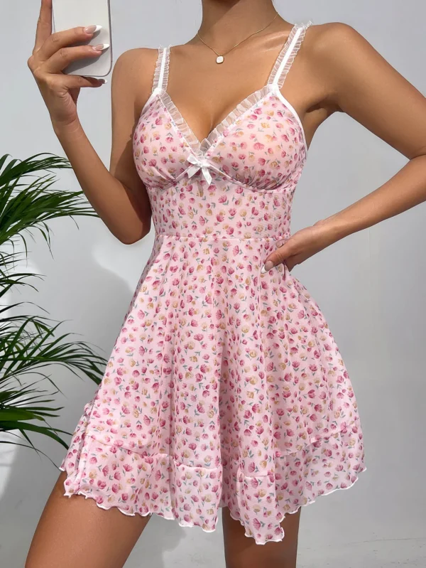 Summer Pink Pajama Sexy Dress Floral Printed Lace for Women Home V-neck with Strap Camisole Nightdress - Image 2