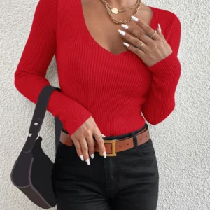 2024 Autumn Winter Women Solid Rib Knit V Neck Stripe Pull Sweater Femme Y2k Long Sleeve Pullover Jersey Tops Fashion Clothes