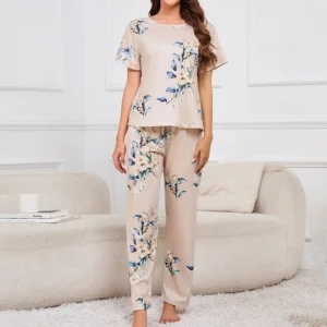 Women's 3 Piece Short Sleeve Crew Neck Top With Shorts And Pants Loungewear Sleepwear Lounge Sets Nighty Print Casual Pajama Set