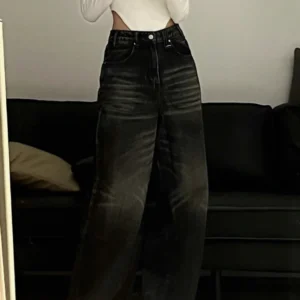 HOUZHOU Vintage Black Wide Leg Jeans Women Oversized High Street Korean Fashion Baggy Denim Trousers Grunge Y2k Female Hip Hop