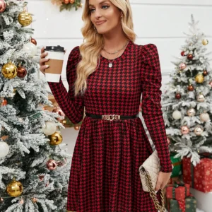 Special offer welfare 2024 new fashionable women's dress with long sleeves, slim fit, small round neck, elegant red and black pl