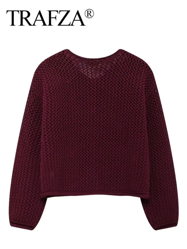 TRAFZA 2024 Autumn Women Knitted Cardigan Metal Buttons O Neck Long Sleeve Sweater With Pockets Casual Office Lady Outerwear Top - Image 2