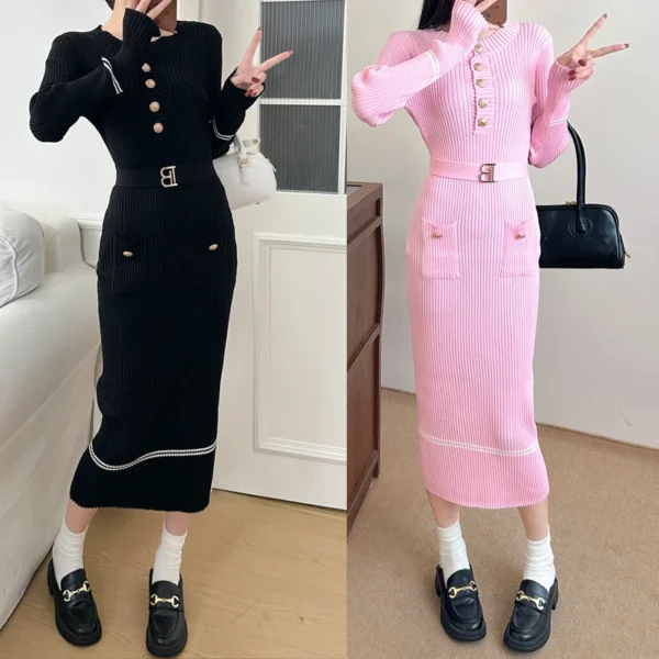 YuooMuoo 2024 Autumn Winter Women Knitted Dress Brand Fashion O-neck Buttons Bodycon Sweater Dress with Belt Lady Office Dress - Image 6