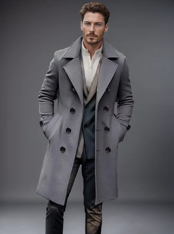 Autumn and winter men's woolen coat casual and fashionable double breasted long men's woolen coat - Image 2