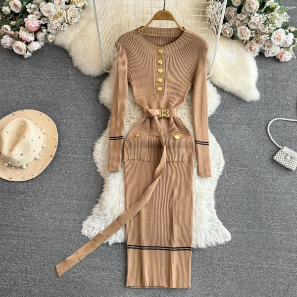 YuooMuoo Women Dress 2024 Autumn Winter Elegant Rib Knit Long Pencil Dress with Belt Office Lady Bodycon Sweater Dress Vestidos - Image 4