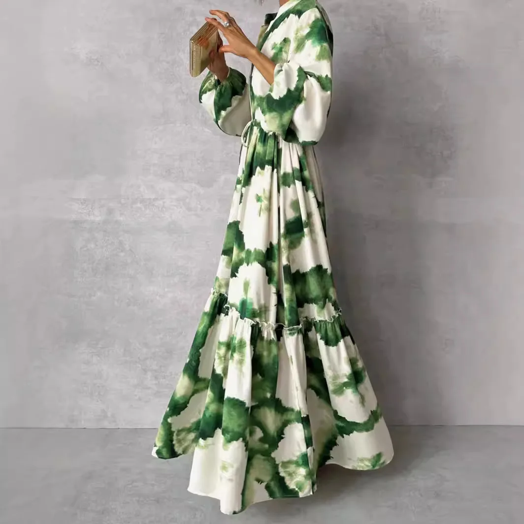 2024 Summer Elegant Women Maxi Dresses Fashion Green Print Long Sleeve V Neck Waist Adjustment Long Dress Female Party Vestido - Image 2