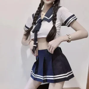 Sexy Role Play Nightgown Set Women's 2 Piece Pajamas Girls Clothing Student Uniform Set Plus Size Short Top Crotchless Dresses