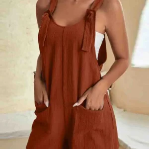 Women's Casual Summer Short Rompers Overalls 2024 Loose Sleeveless Tie Knot Strap Jumpsuits with Pockets