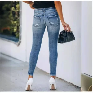 Amazon Shein Denim Skinny Waist Pencil Jeans Women Fringe Damaged Design Cross-border Temu Thin Fabric Mid Waist Length