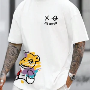 Men's 100% pure cotton summer loose size BE KIND letter cartoon print casual comfortable round neck short sleeved T-shirt top