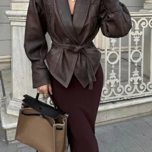 2024 New Vintage Lapel Lace-up Leather Jackets Women Chic Solid Long Sleeves Pockets Short Coats Autumn Lady Fashion Streetwear