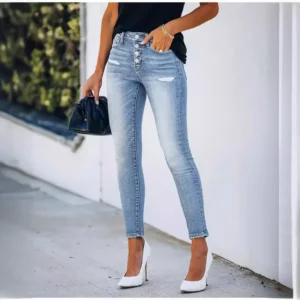 Amazon Shein Denim Skinny Waist Pencil Jeans Women Fringe Damaged Design Cross-border Temu Thin Fabric Mid Waist Length