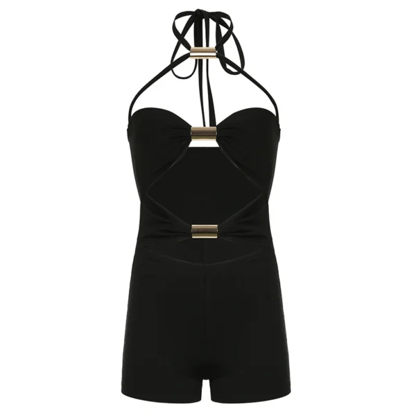 BIIKPIIK Sexy Hollow Out Women Playsuits Fashion Metal Rings Backless Skinny Rompers Vacation Club Black Overalls Midnight Party - Image 5