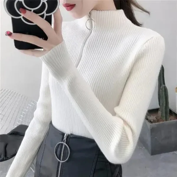Knitted Women Zipper Half High Neck Sweater Pullovers Autumn Winter Basic Women Sweaters Slim Solid Knitwear Pull Femme Tops - Image 5