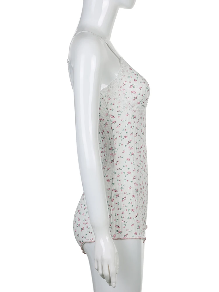 IAMSURE Sweet Floral Lace Trim Bodysuits Sexy Slim Cute Deep V-Neck Sleeveless Rompers Women 2023 Summer Fashion Underwear Lady - Image 5