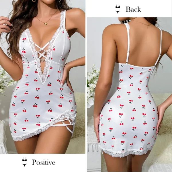 Women V-Neck Sexy Lace Trimmed Nightgown Sleeveless Suspender Slim Fit Backless Printed Cherry Milk Silk Nightgown - Image 5