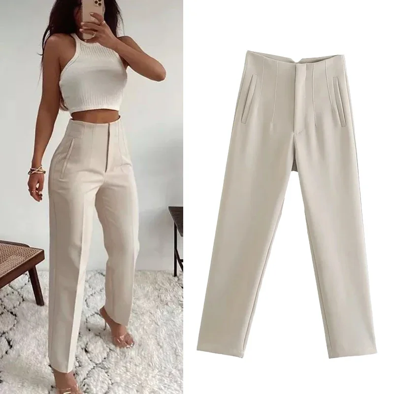 TRAF Fashion Office Wear High waist Pants for Women Formal Pants Office outfits Pencil Trousers Black Pink White Ladies Pants - Image 6