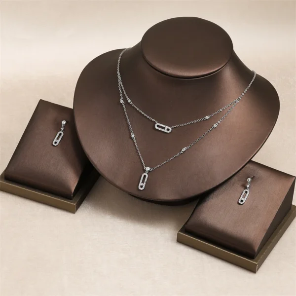 RAKOL Double Layer Geometric Paper Clip Pendant Necklace Earrings For Women Fashion Zircon Ring Bracelet Party Jewelry Set Gifts - Image 4