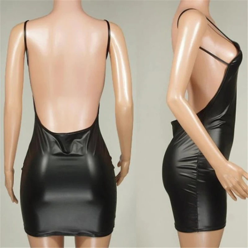Sexy Faux Leather Dress Backless Club Party Short Dress Solid Black Wet Look Latex Bodycon Push Up Bra Mini Micro Dress - Image 4