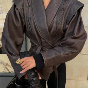 2024 New Vintage Lapel Lace-up Leather Jackets Women Chic Solid Long Sleeves Pockets Short Coats Autumn Lady Fashion Streetwear