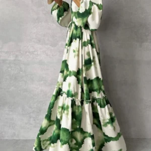 2024 Summer Elegant Women Maxi Dresses Fashion Green Print Long Sleeve V Neck Waist Adjustment Long Dress Female Party Vestido