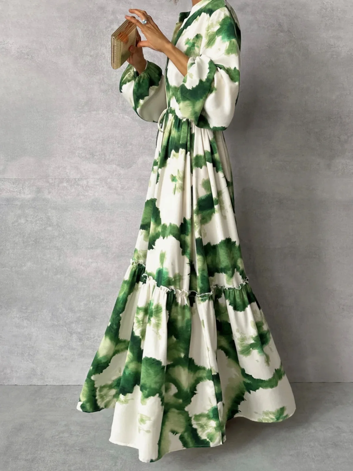 2024 Summer Elegant Women Maxi Dresses Fashion Green Print Long Sleeve V Neck Waist Adjustment Long Dress Female Party Vestido - Image 5